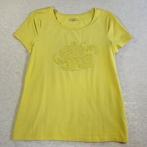 Charter Club T-Shirt Womens Medium Yellow Round Neck Embroidery Design Classic